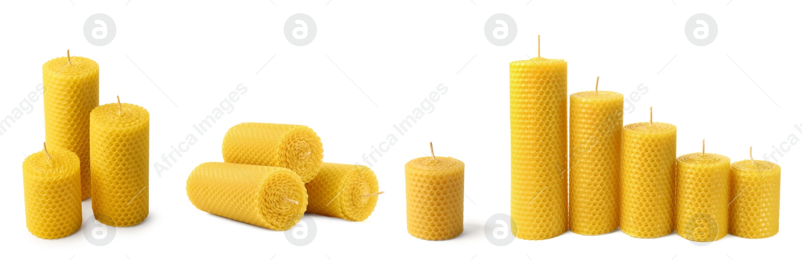 Image of Set of different beeswax candles on white background