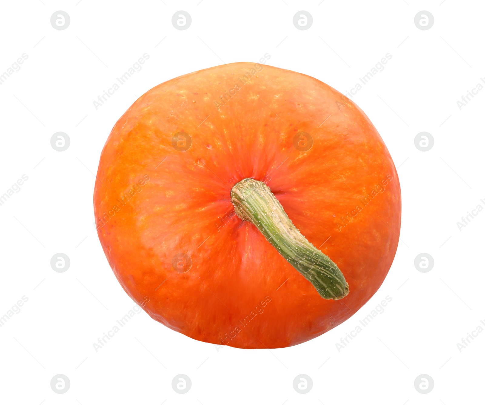 Photo of One fresh orange pumpkin isolated on white, top view