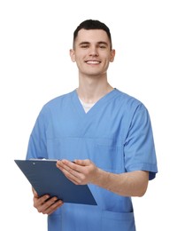 Photo of Portrait of smiling medical assistant with clipboard on white background
