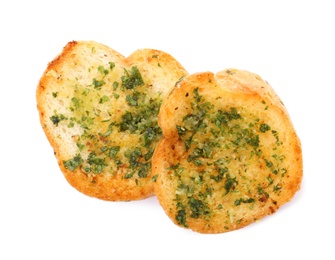 Photo of Slices of toasted bread with garlic, cheese and herbs on white background, top view