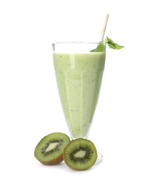 Photo of Tasty fresh milk shake and kiwi on white background