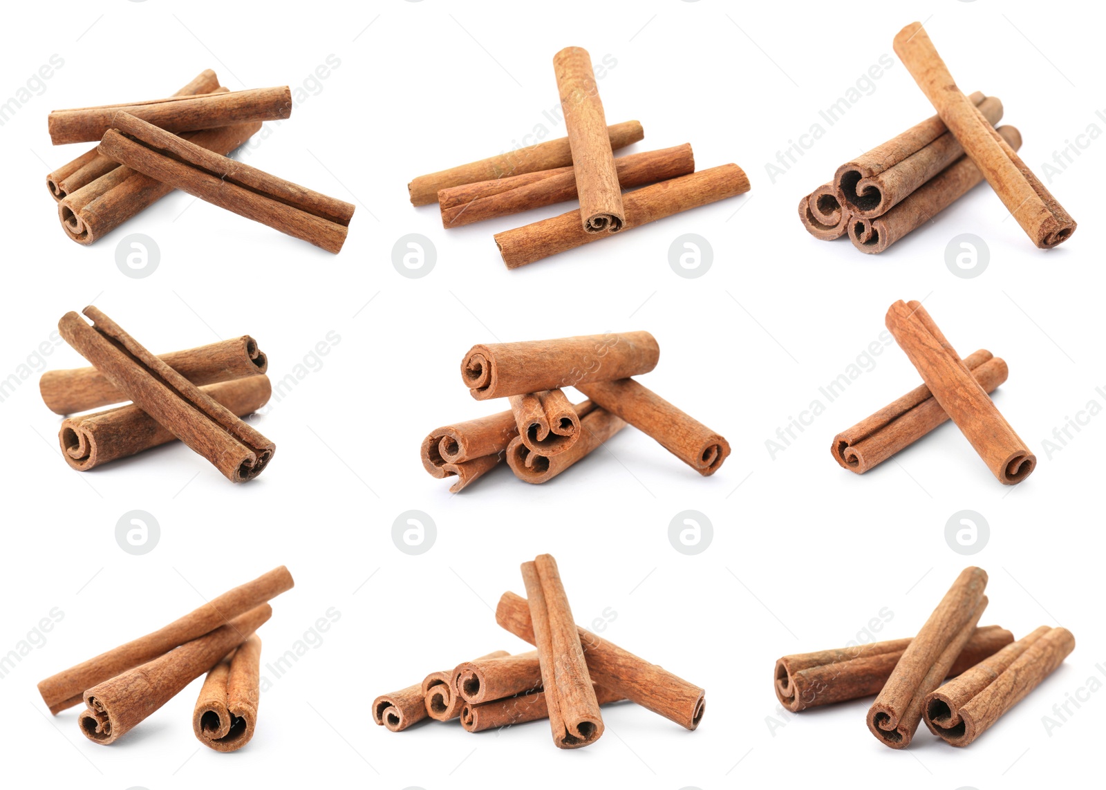 Image of Set with aromatic cinnamon sticks on white background