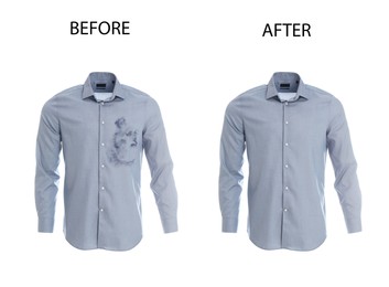 Image of Collage with dirty and clean shirt isolated on white. Before and after washing