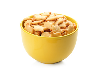 Photo of Delicious goldfish crackers in bowl isolated on white