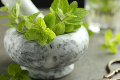 Photo of Mortar with sprigs of fresh green oregano on gray table, closeup