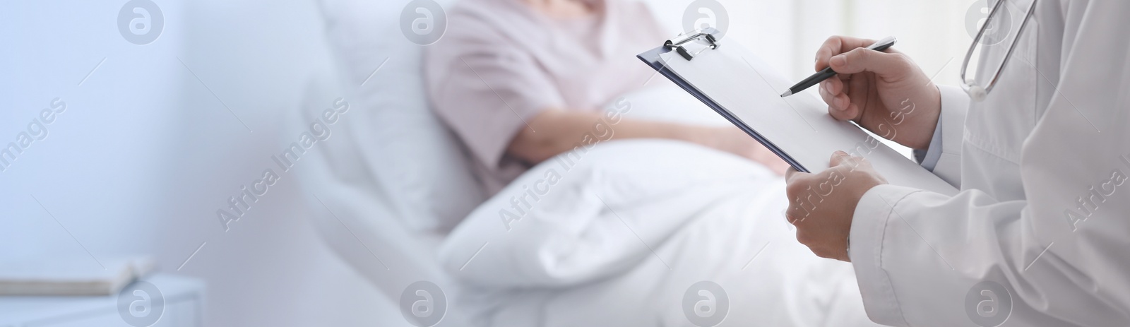 Image of Doctor visiting his patient in hospital ward, closeup. Banner design