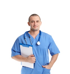 Photo of Portrait of medical assistant with stethoscope and clipboard on white background