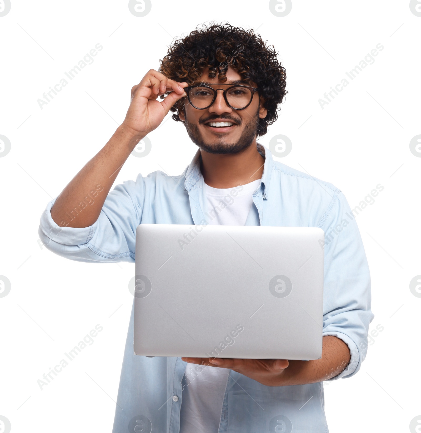 Photo of Smiling man with laptop on white background