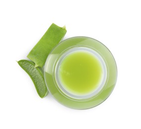 Photo of Jar of natural gel and cut aloe leaf isolated on white, top view