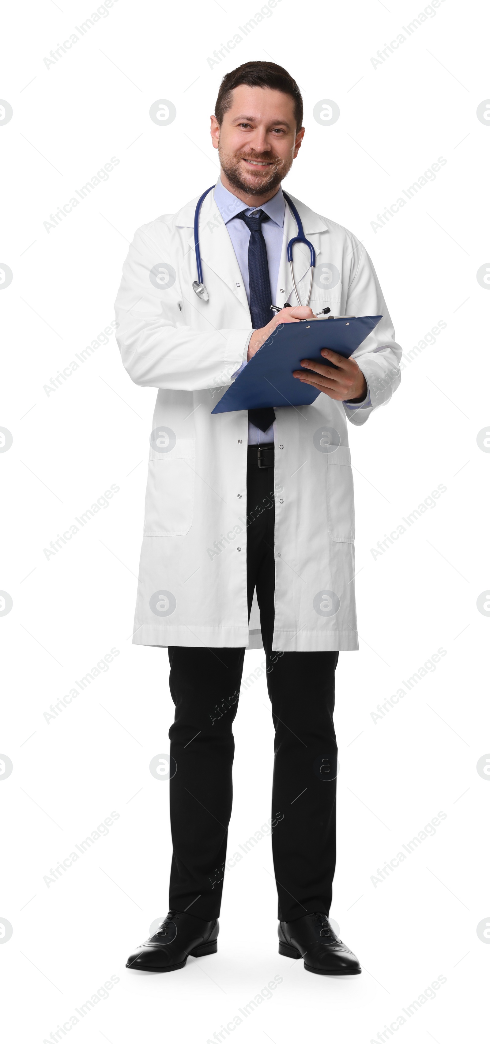 Photo of Smiling doctor with clipboard and pen isolated on white