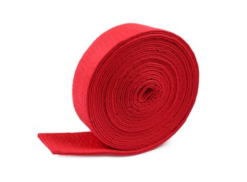 Red karate belt isolated on white. Martial arts uniform