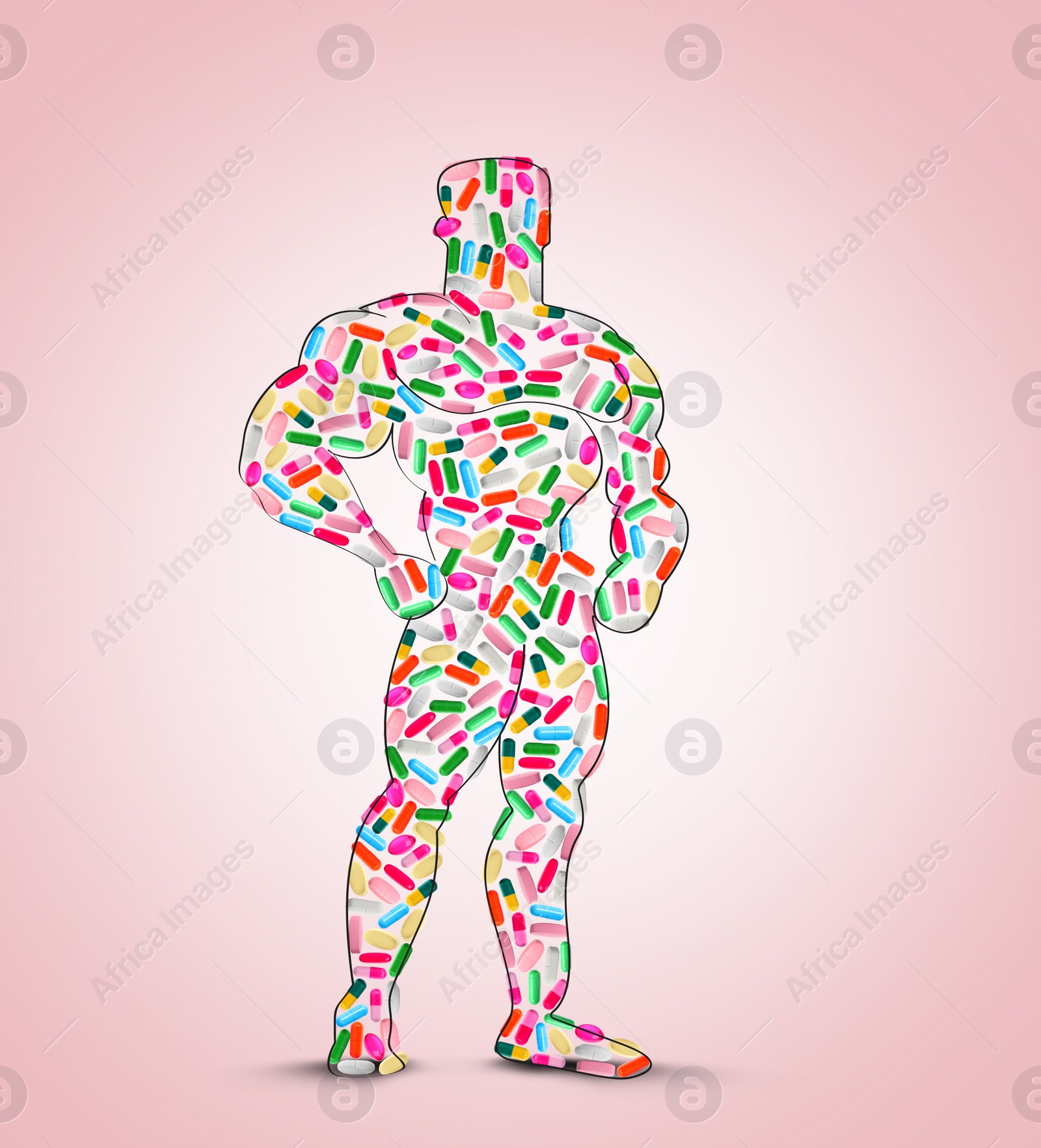 Image of Silhouette of sportsman filled with pills symbolizing using doping on pink background