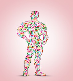 Image of Silhouette of sportsman filled with pills symbolizing using doping on pink background