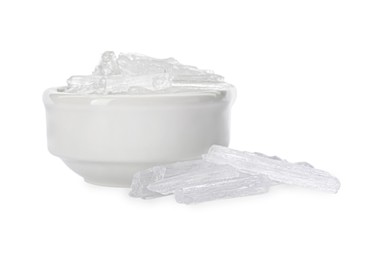 Photo of Menthol crystals in bowl on white background