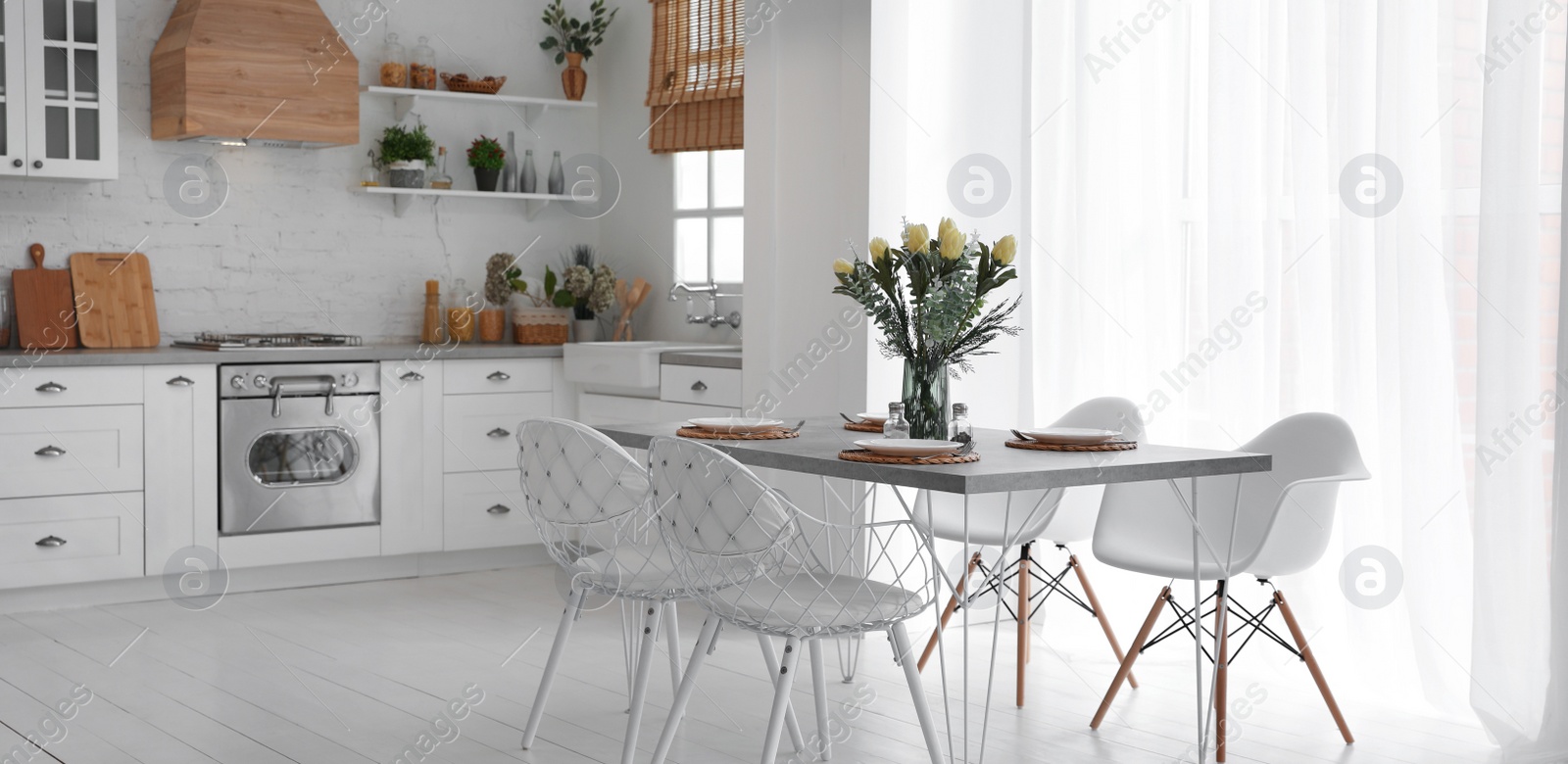 Image of Beautiful kitchen interior with new stylish furniture. Banner design