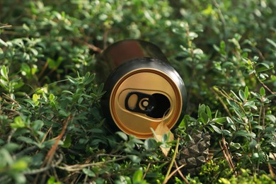 Photo of Used aluminium can on green grass outdoors. Recycling problem