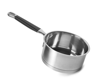 Photo of Empty modern steel saucepan isolated on white