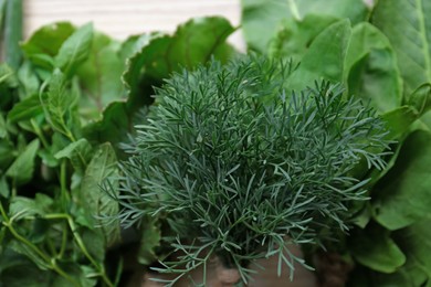 Photo of Different herbs on white table, closeup view