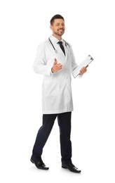 Full length portrait of male doctor with clipboard isolated on white. Medical staff