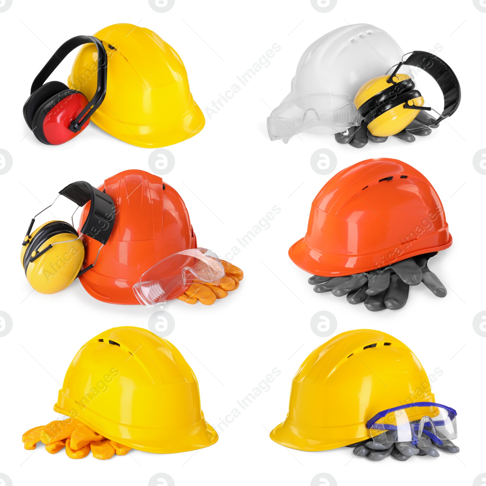 Image of Safety equipment, collection. Hard hats, gloves, protective headphones and goggles isolated on white