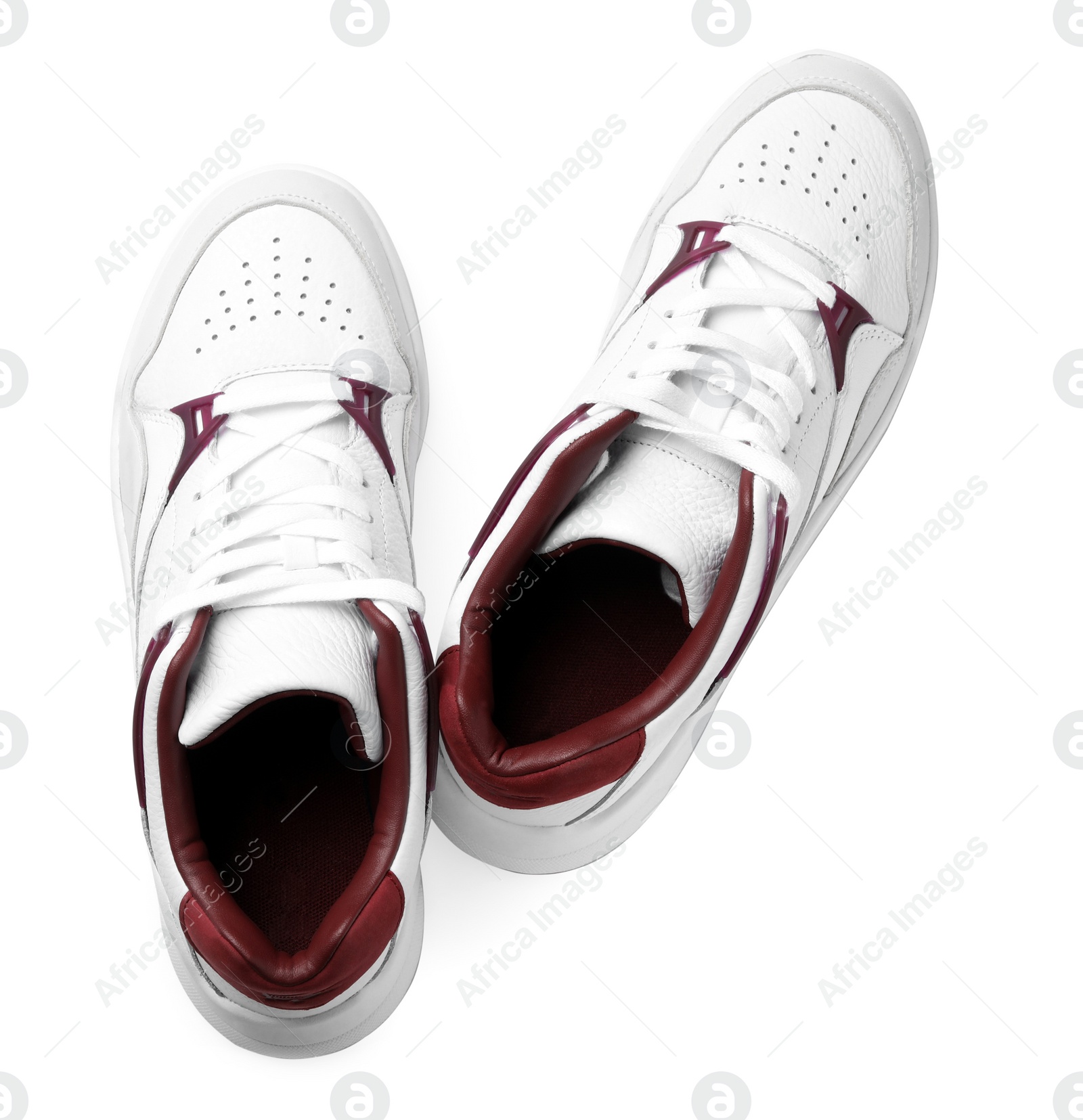 Photo of Pair of stylish shoes on white background, top view