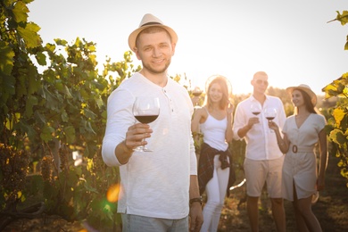 Photo of Handsome man with glass of wine and his friends in vineyard