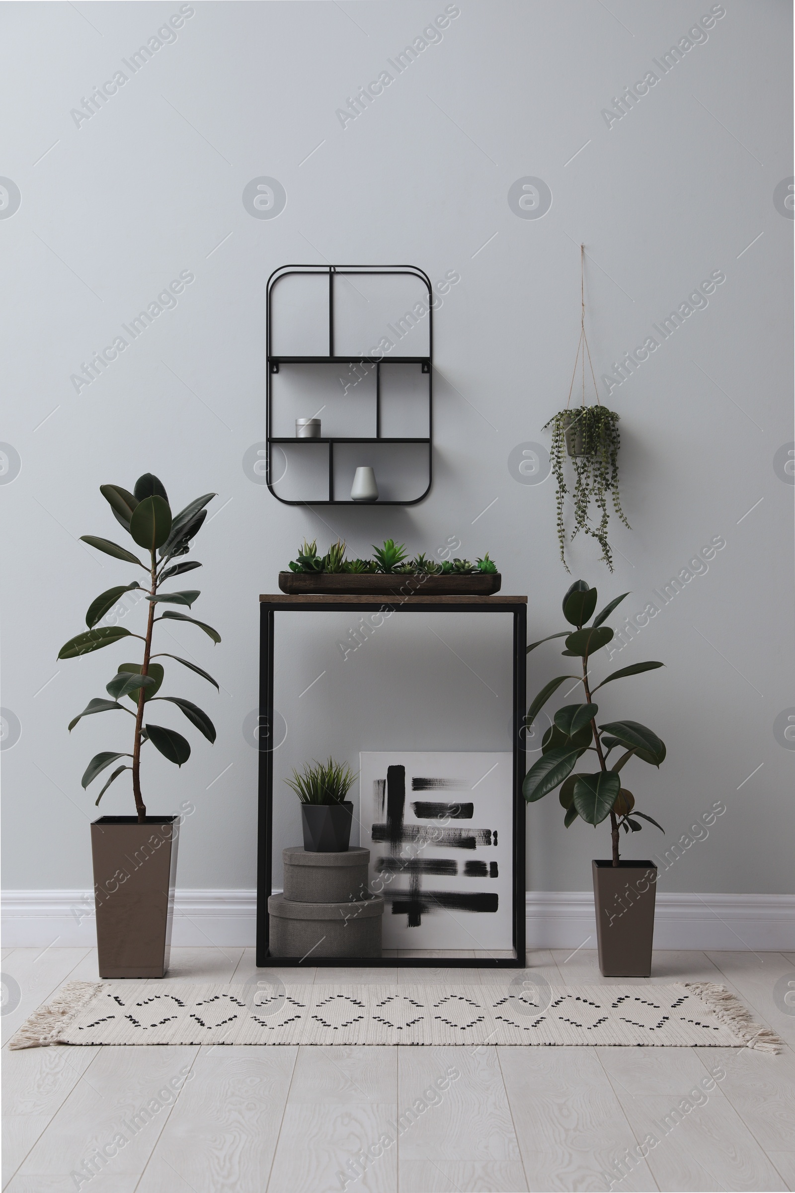 Photo of Console table with houseplants near light wall in room. Interior design