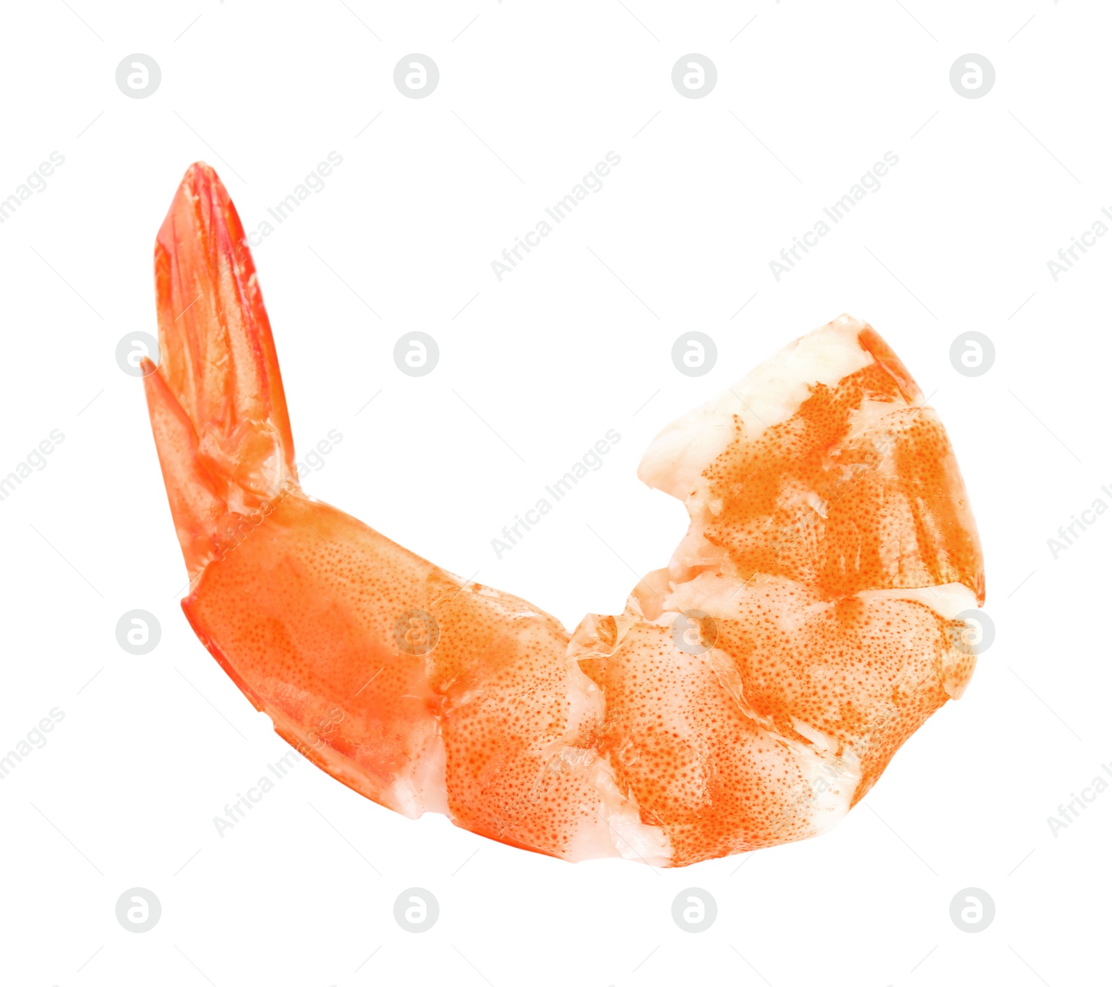 Photo of Delicious cooked peeled shrimp isolated on white, top view