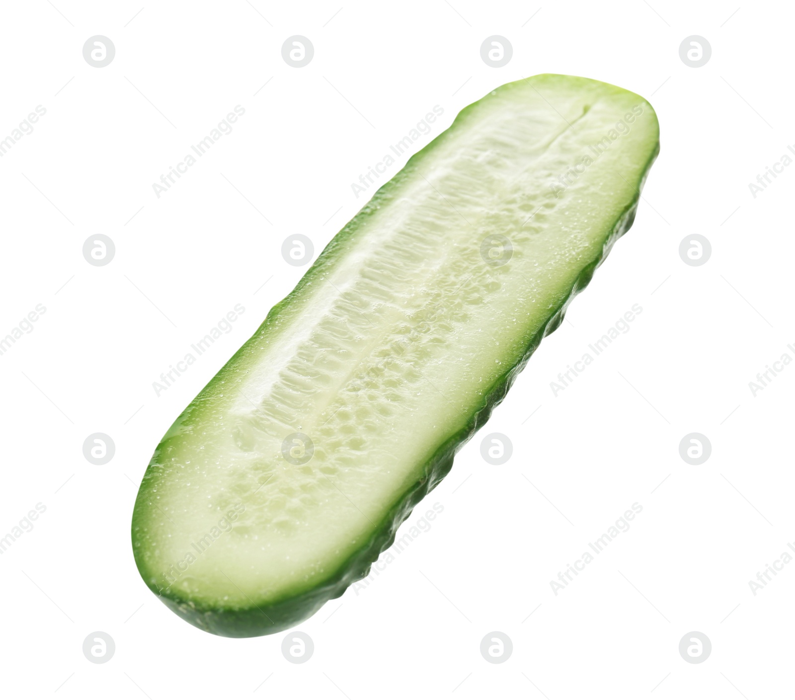 Photo of Half of fresh ripe cucumber on white background