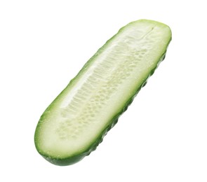 Photo of Half of fresh ripe cucumber on white background