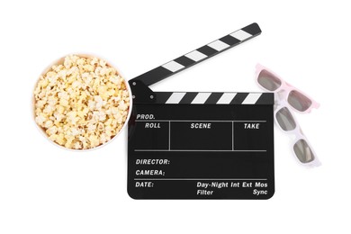 Movie clapper, bucket of tasty popcorn and glasses isolated on white, top view