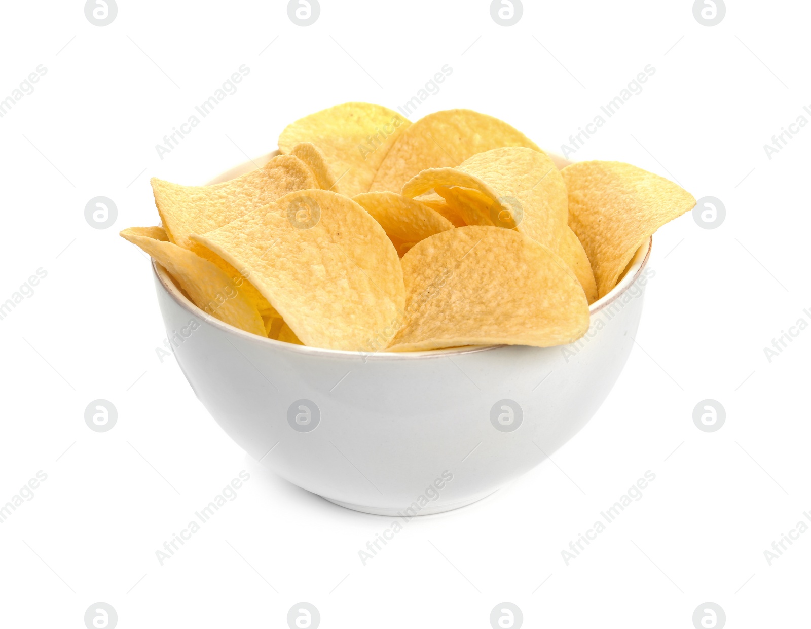 Photo of Bowl of tasty crispy potato chips on white background