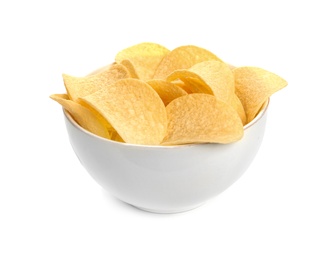 Bowl of tasty crispy potato chips on white background