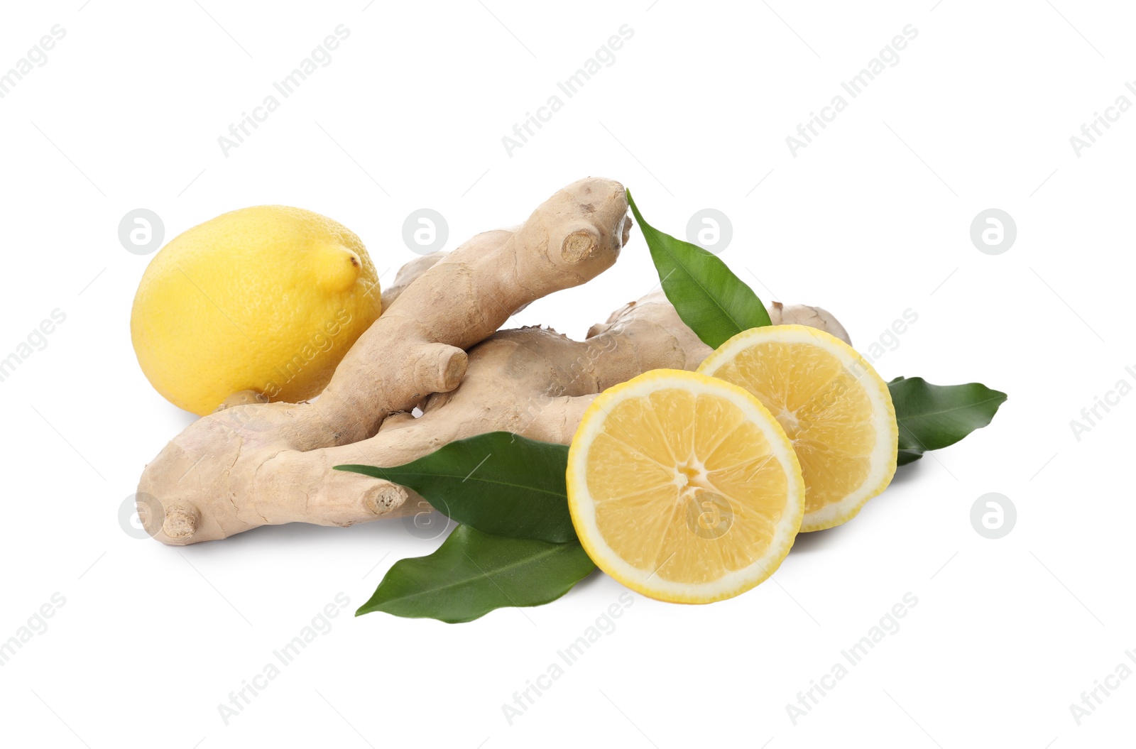 Photo of Fresh lemons and ginger on white background