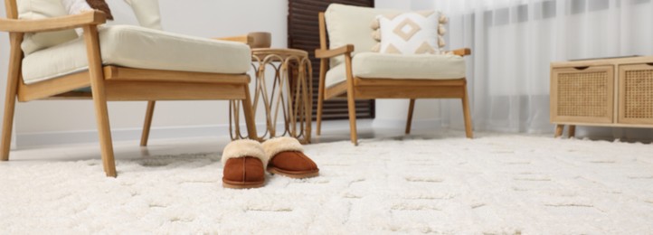 Image of Stylish living room interior with soft white carpet and furniture, low angle view. Banner design