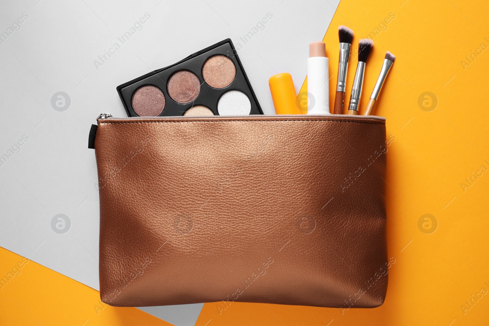 Photo of Flat lay composition with hygienic lipsticks on color background