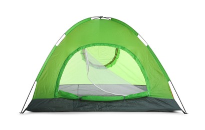 Photo of Bright green camping tent on white background