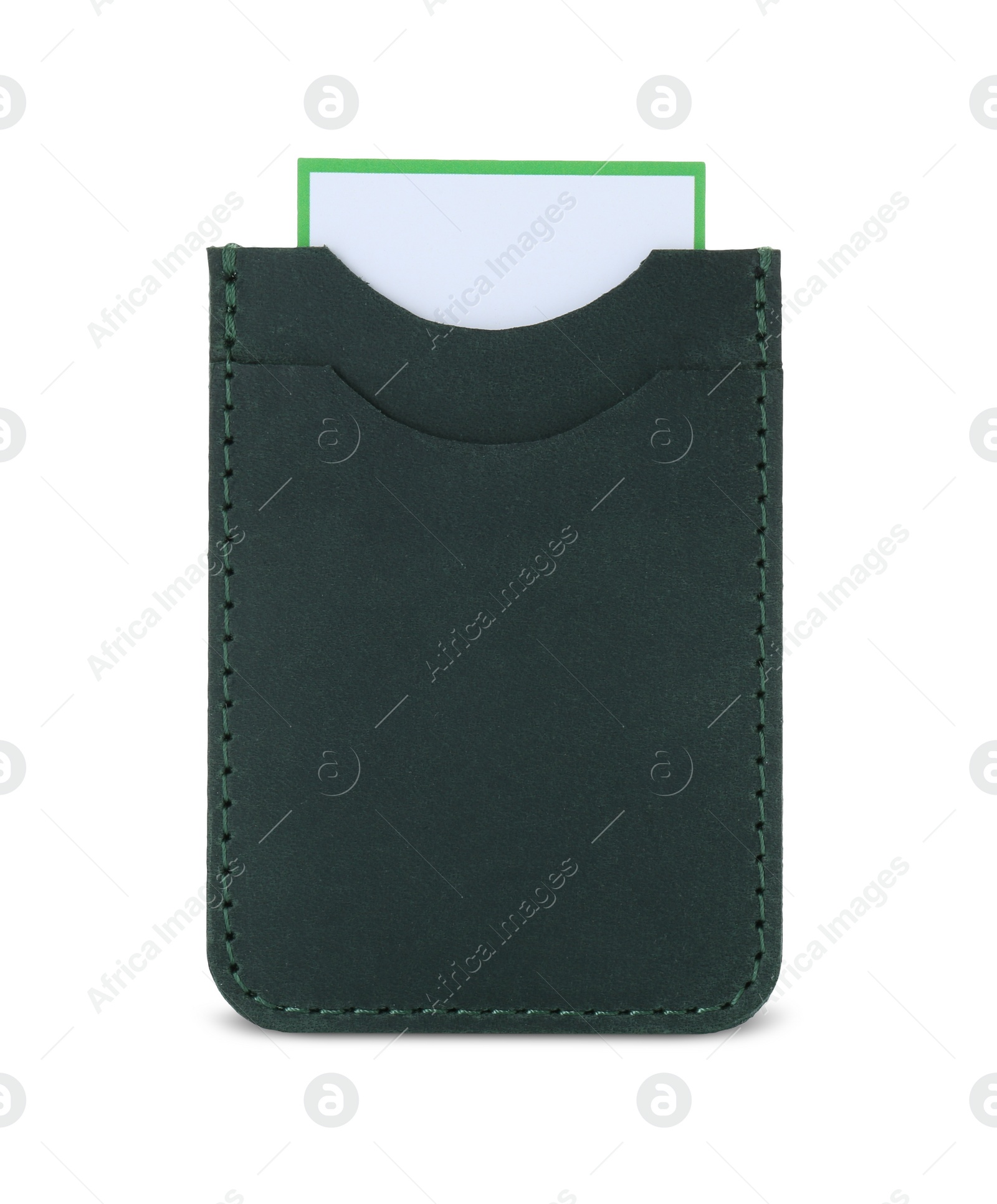 Photo of Leather business card holder with card isolated on white