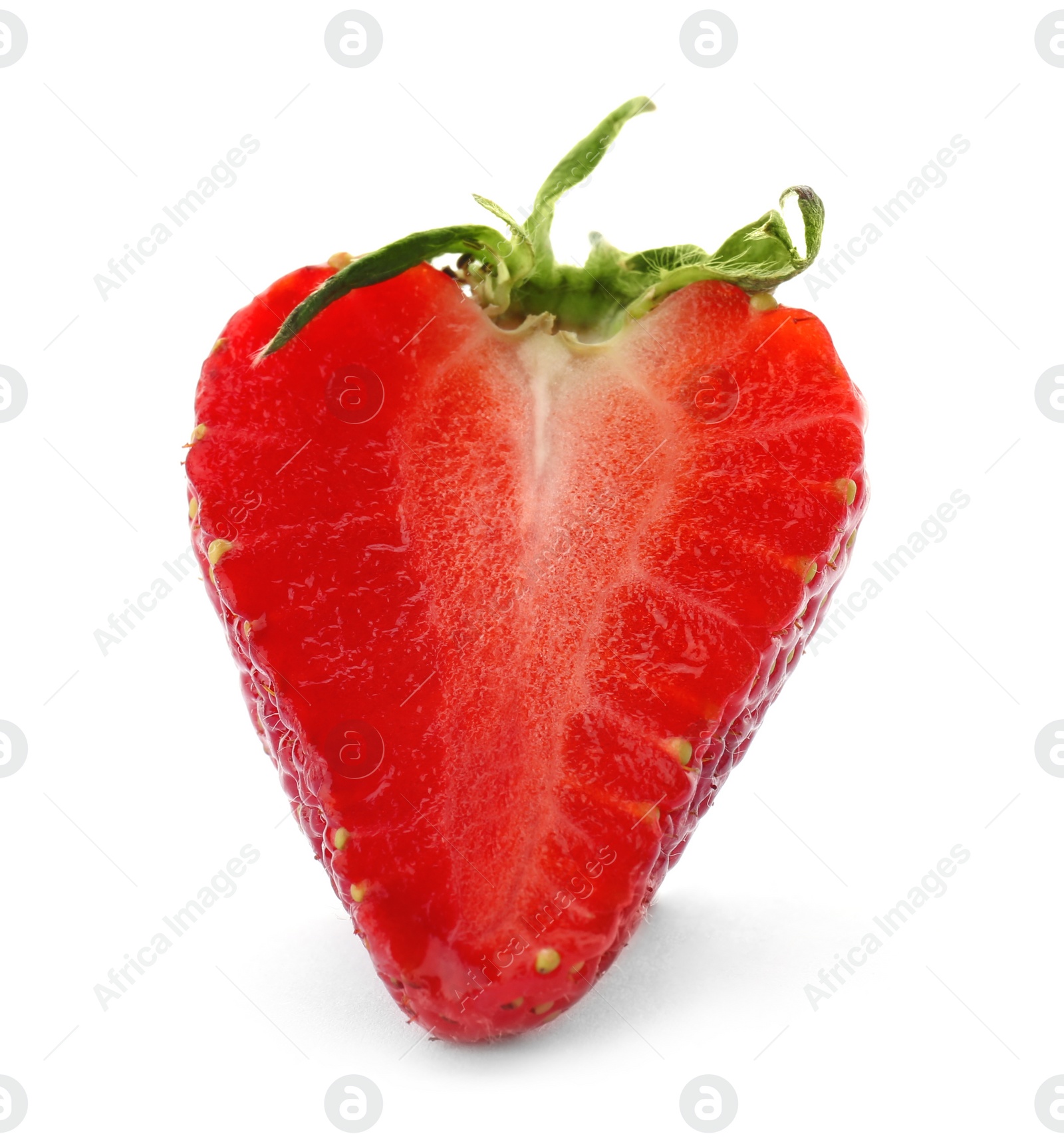 Photo of Half of ripe red strawberry on white background