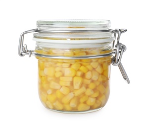 Photo of Jar with pickled sweet corn on white background