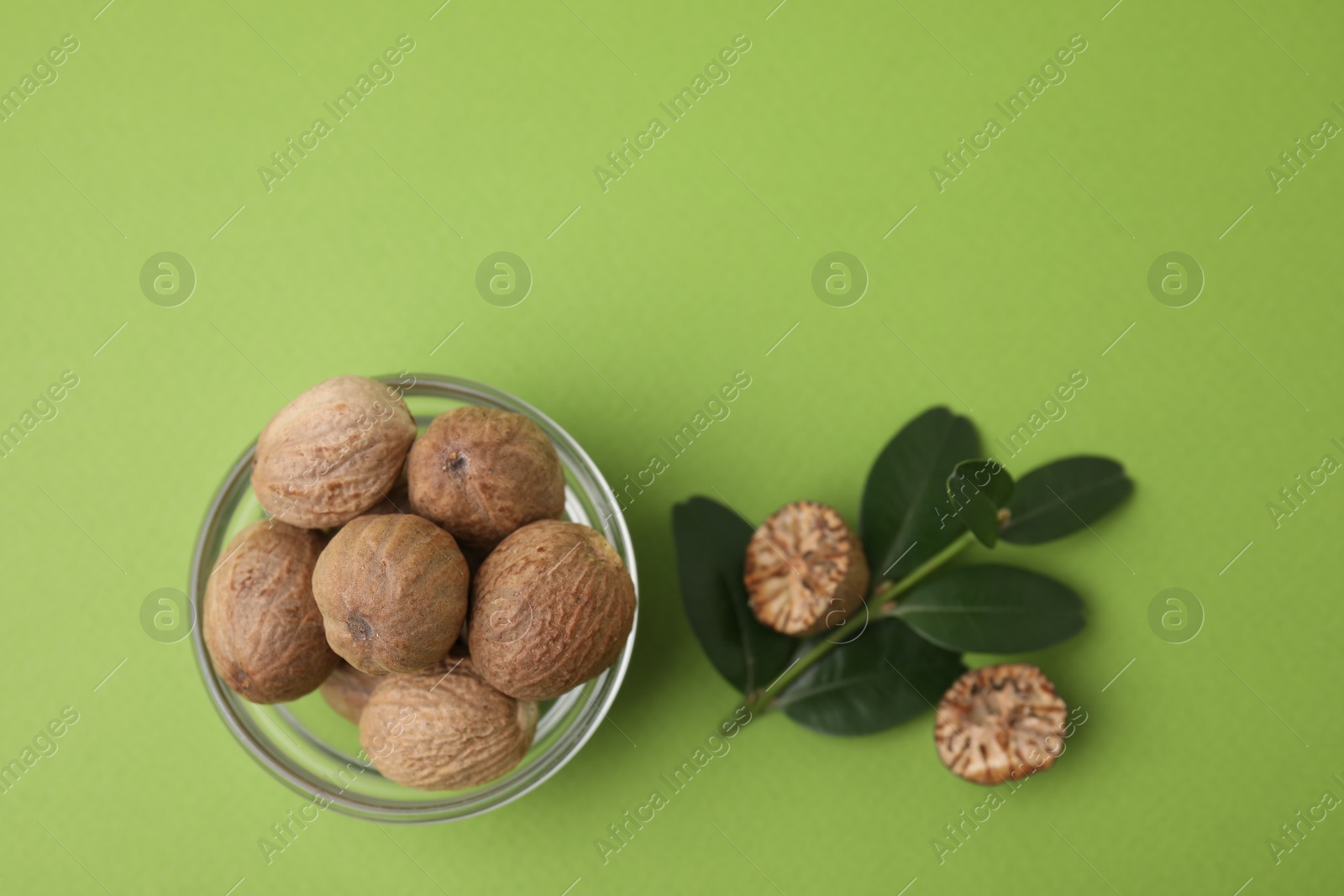 Photo of Nutmegs in bowl and branch on light green background, flat lay. Space for text