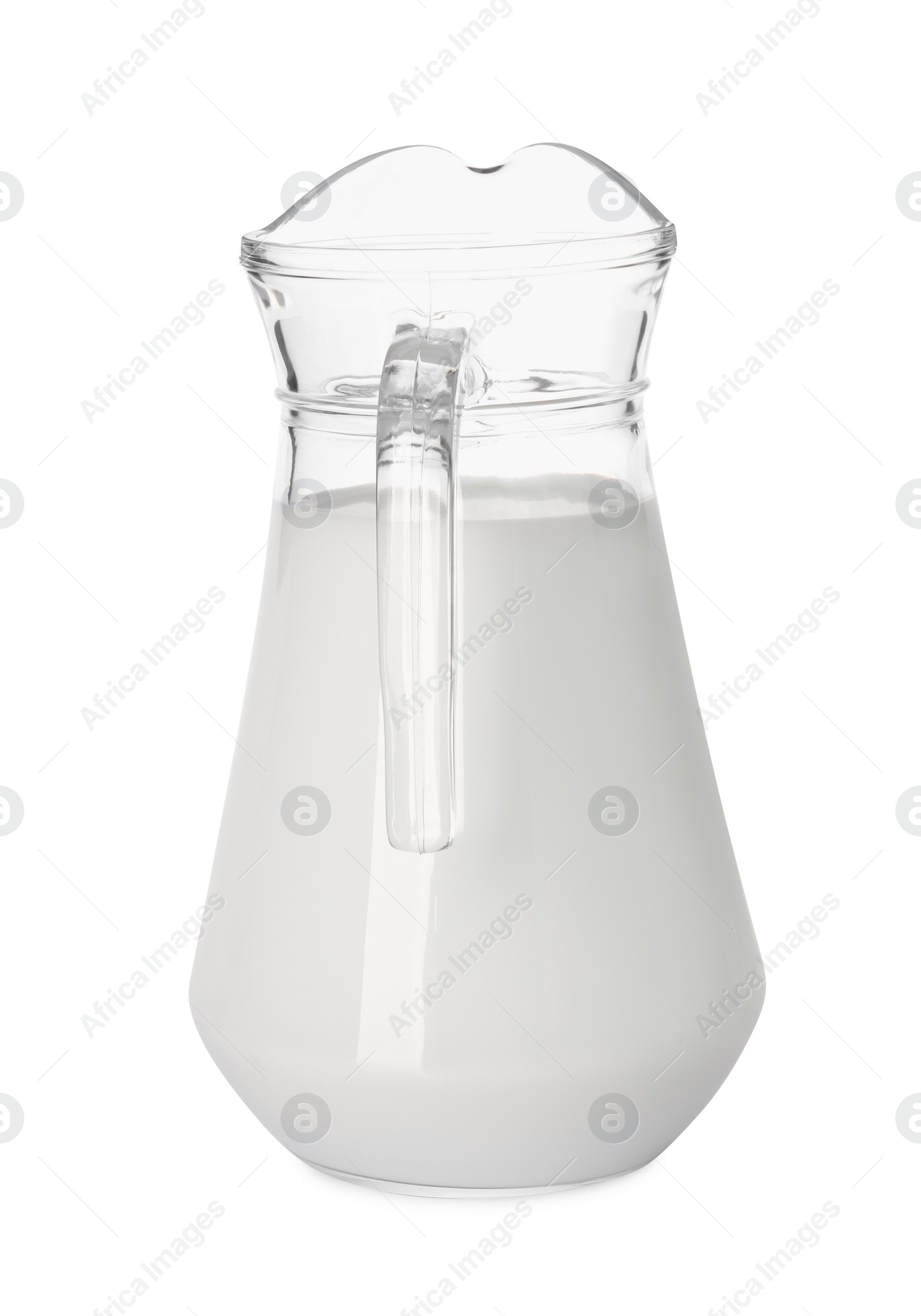 Photo of Glass jug of fresh milk isolated on white