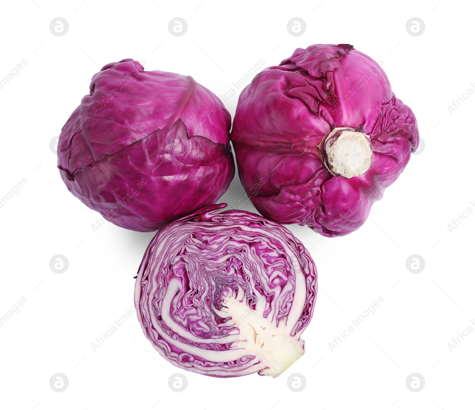 Photo of Whole and cut red cabbages on white background, top view