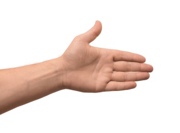 Man offering handshake on white background, closeup