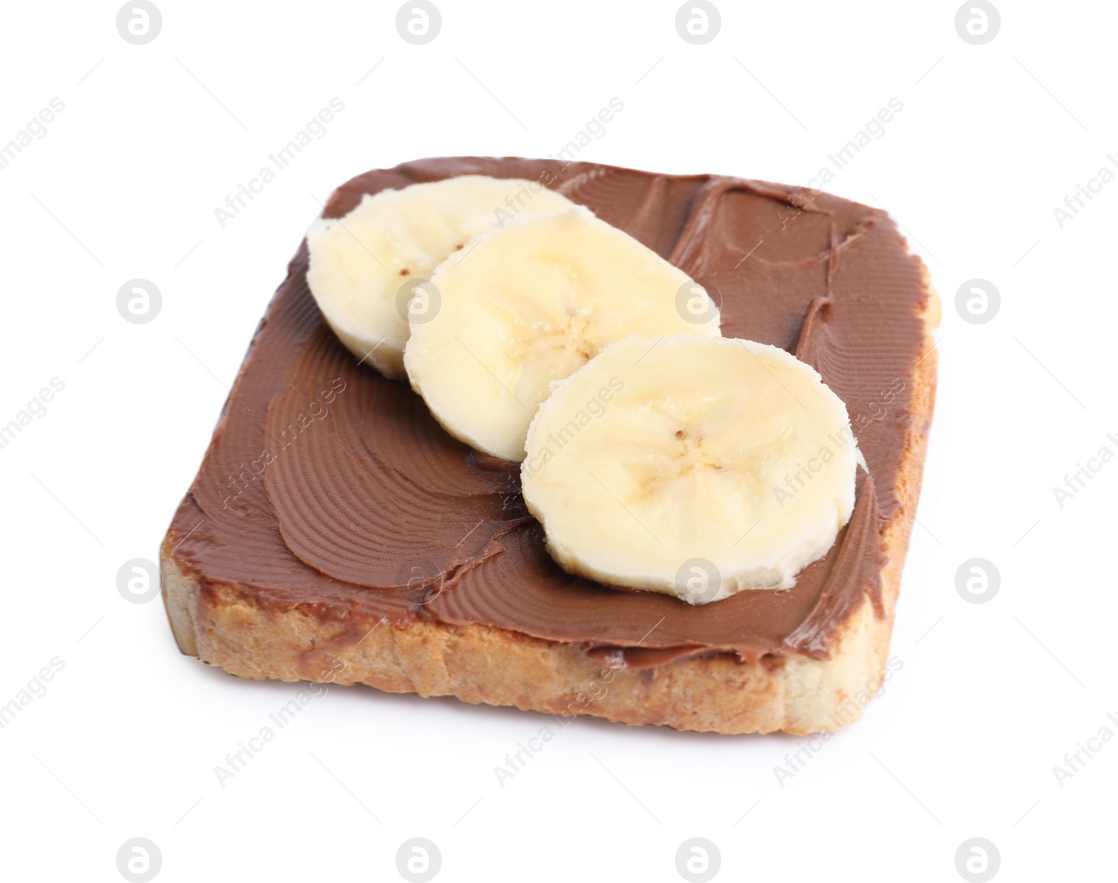 Photo of Toast with tasty nut butter and banana isolated on white