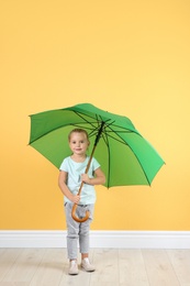 Little girl with green umbrella near color wall