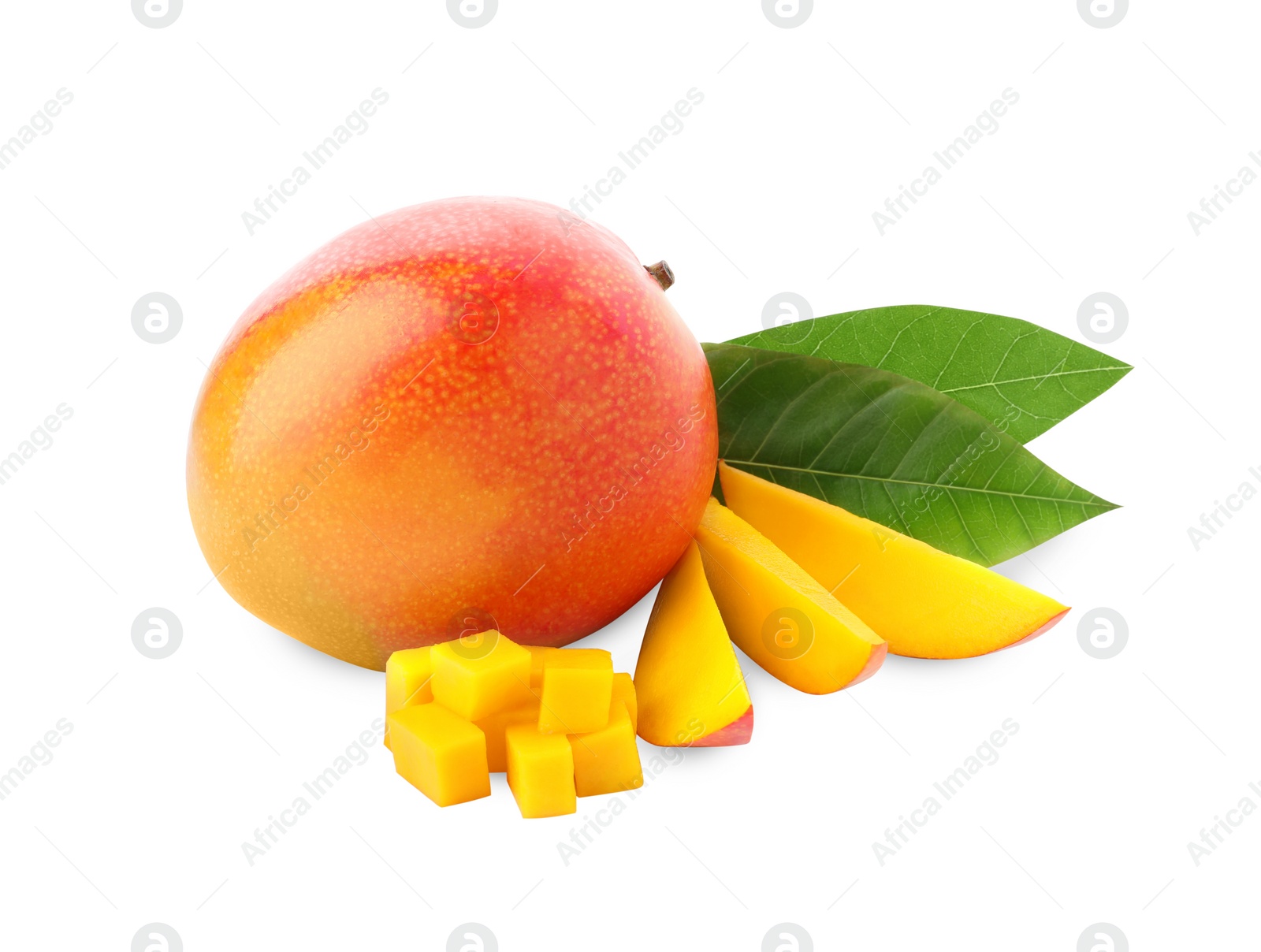 Photo of Whole and cut ripe mangoes isolated on white. Exotic fruit