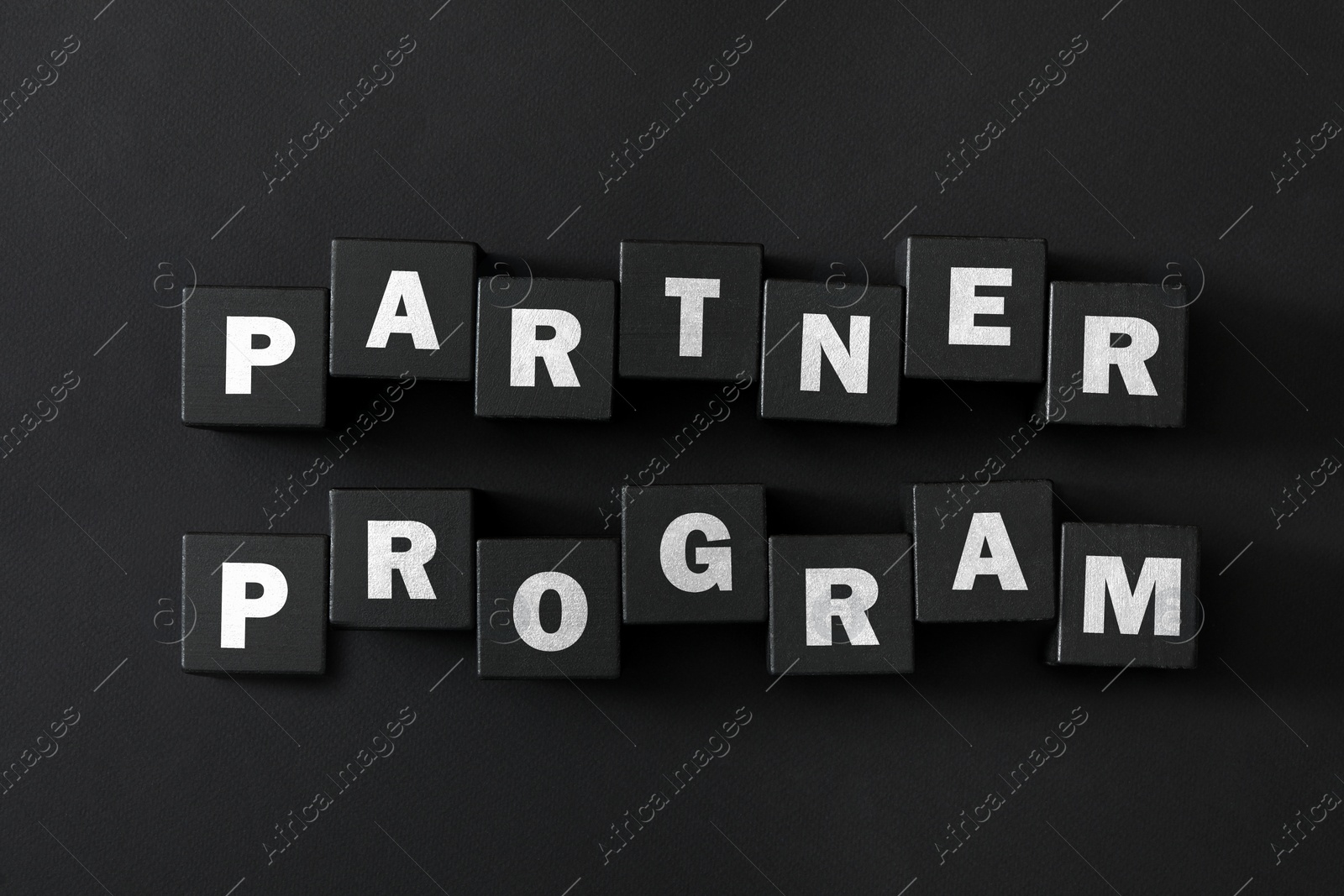 Image of Words Partner Program made of cubes with letters on black background, top view
