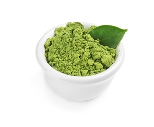 Photo of Bowl with powdered matcha tea and green leaf on white background