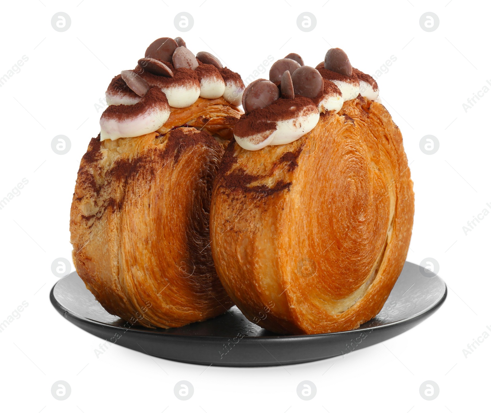 Photo of Round croissants with chocolate chips and cream isolated on white. Tasty puff pastry